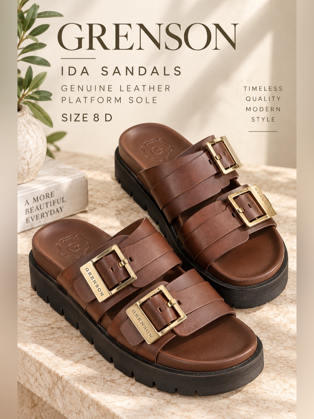 Grenson Ida Leather Double Buckle Platform Sandals Brown Size 8 D